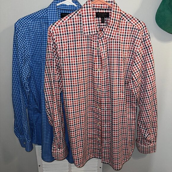 Two Banana Republic Non-Iron Slim Fit Gingham Dress Shirts - Blue & Orange - Picture 1 of 7